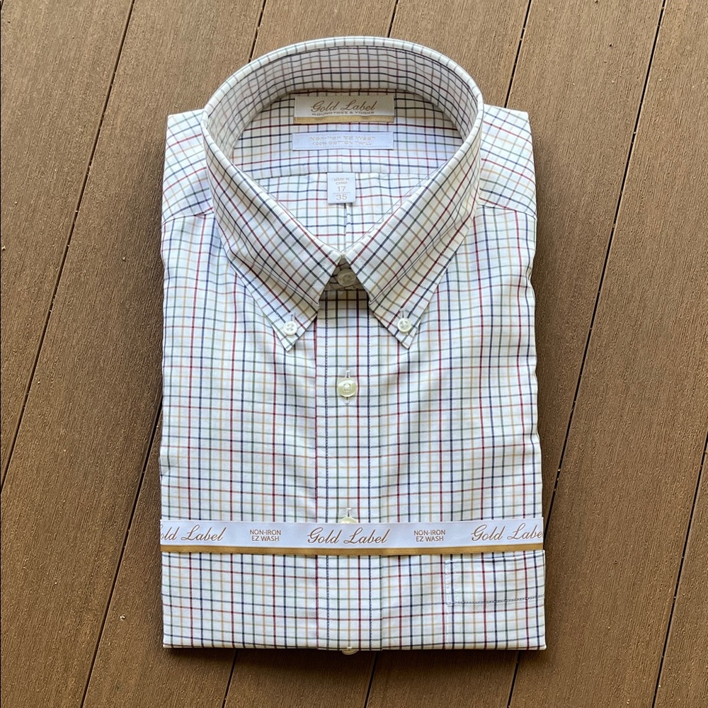 Roundtree & Yorke White Button-Down Shirt with Multi-Color Windowpane Check